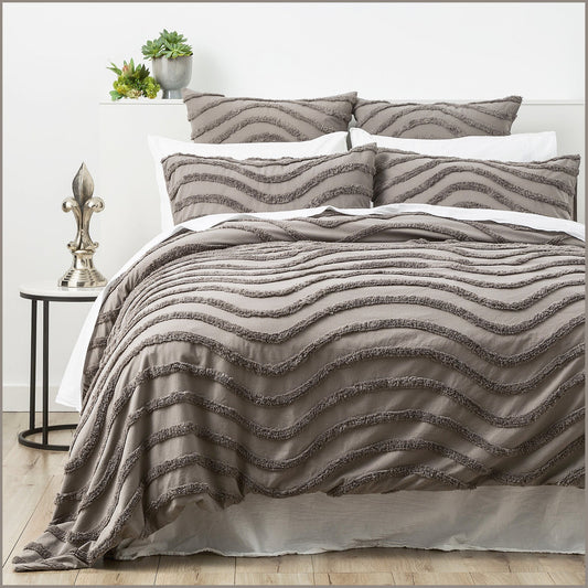 Queen Bed Cloud Linen Wave 100% Cotton Chenille Vintage Washed Tufted Quilt Cover Set Grey