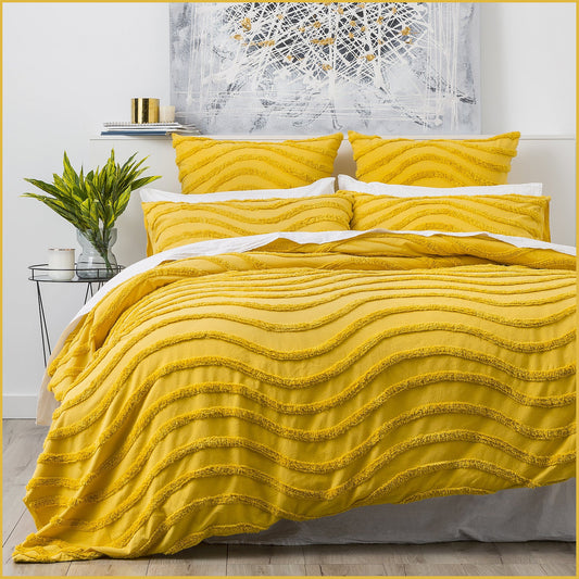 Queen Bed Cloud Linen Wave 100% Cotton Chenille Vintage Washed Tufted Quilt Cover Set Mustard