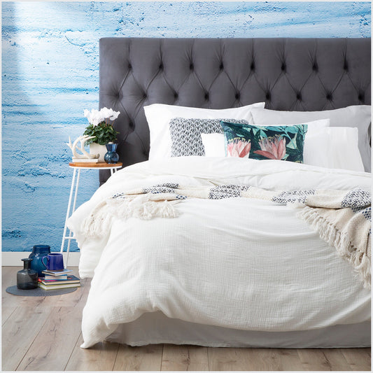 Queen Bed Solana Washed Cotton Textured Quilt Cover Set White