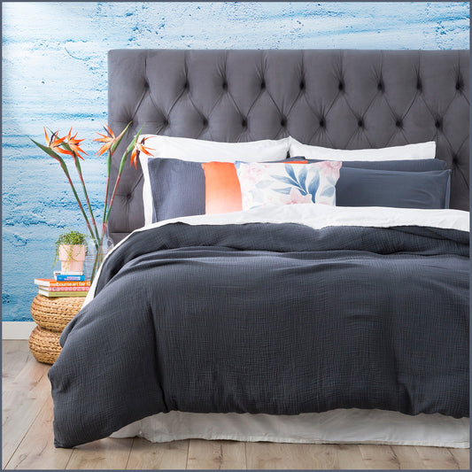 Queen Bed Solana Washed Cotton Textured Quilt Cover Set Blue