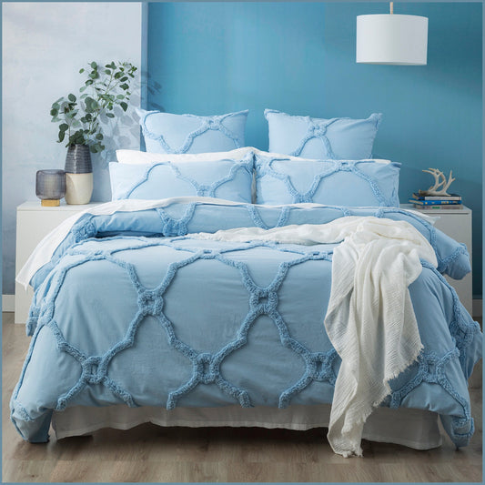 Super King Bed Renee Taylor Moroccan 100% Cotton Chenille Vintage Washed Tufted Quilt Cover Set Sky