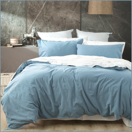 Queen Bed Renee Taylor Essentials Vintage Stone Washed Reversible Quilt Cover Set Blue