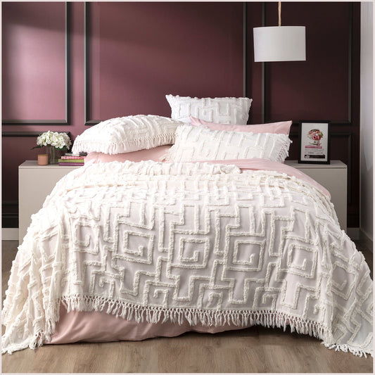 Queen/King Bed Renee Taylor Riley 100% Cotton Vintage Washed Tufted Bed Cover Set White