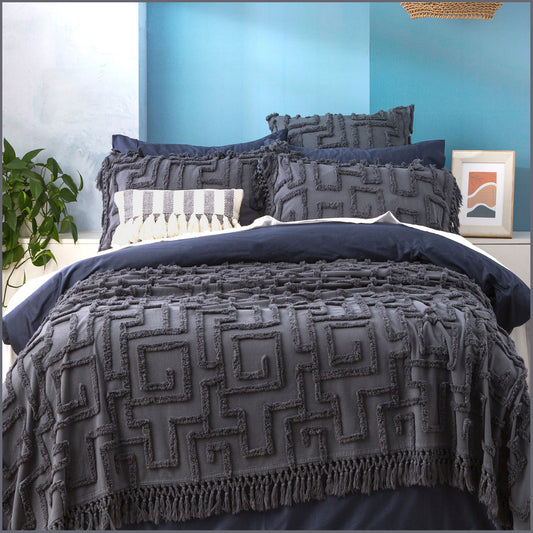 Queen/King Bed Renee Taylor Riley 100% Cotton Vintage Washed Tufted Bed Cover Set Slate