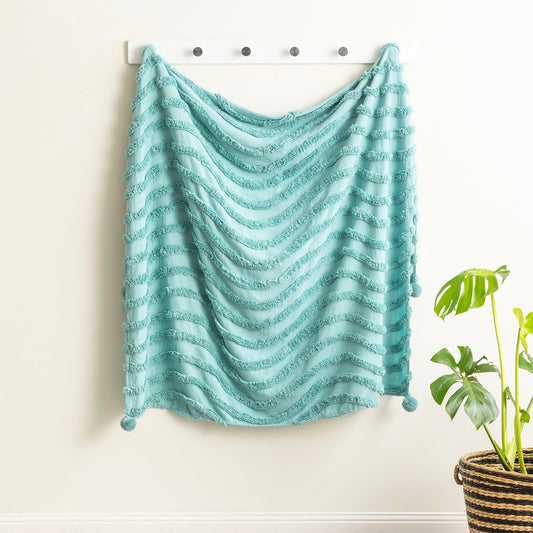 Renee Taylor Wave Cotton Chenille Vintage Washed Tufted Throw 130 x 200 Cms Aqua