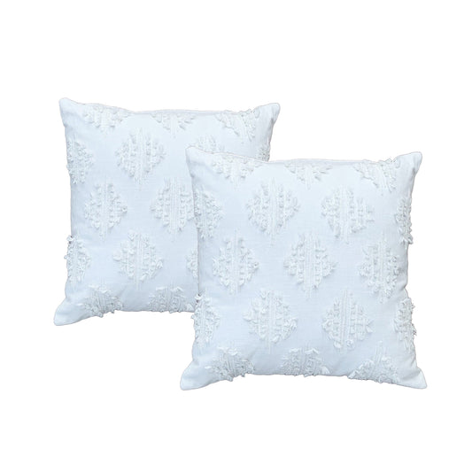 Cloud Linen Cotton Chenille Embroidered Cushion 45 x 45 Cms Feather Filled Olena White -Twin Pack