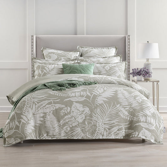 King Bed Renee Taylor Palm Tree Jacquard Quilt Cover Set Sage Green