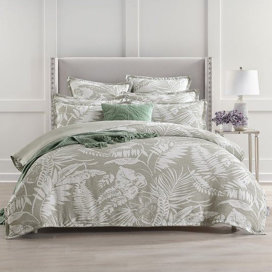 Queen Bed Renee Taylor Palm Tree Jacquard Quilt Cover Set Sage Green