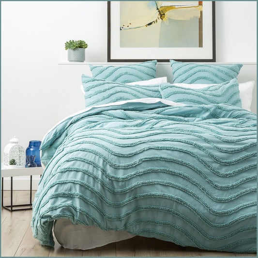 Queen Bed Cloud Linen Wave 100% Cotton Chenille Vintage Washed Tufted Quilt Cover Set Aqua