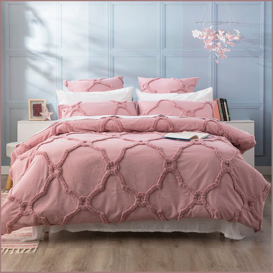 King Bed Renee Taylor Moroccan 100% Cotton Chenille Vintage Washed Tufted Quilt Cover Set Blush