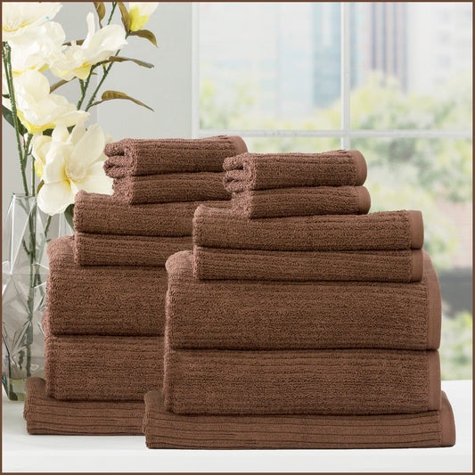 Renee Taylor Cobblestone 650 GSM Cotton Ribbed Towel Packs 14 Piece Toffee