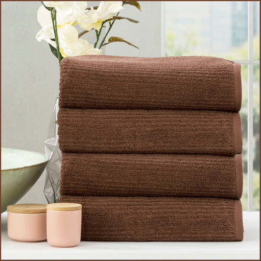 Renee Taylor Cobblestone 650 GSM Cotton Ribbed Towel Packs 4 Piece Bath Towel Toffee