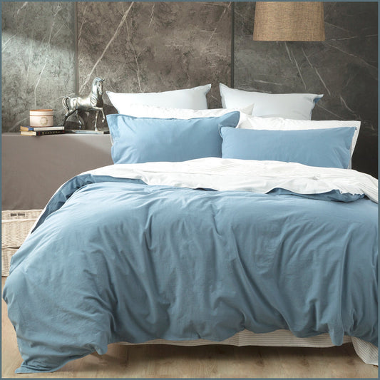 King Bed Renee Taylor Essentials Vintage Stone Washed Reversible Quilt Cover Set Blue